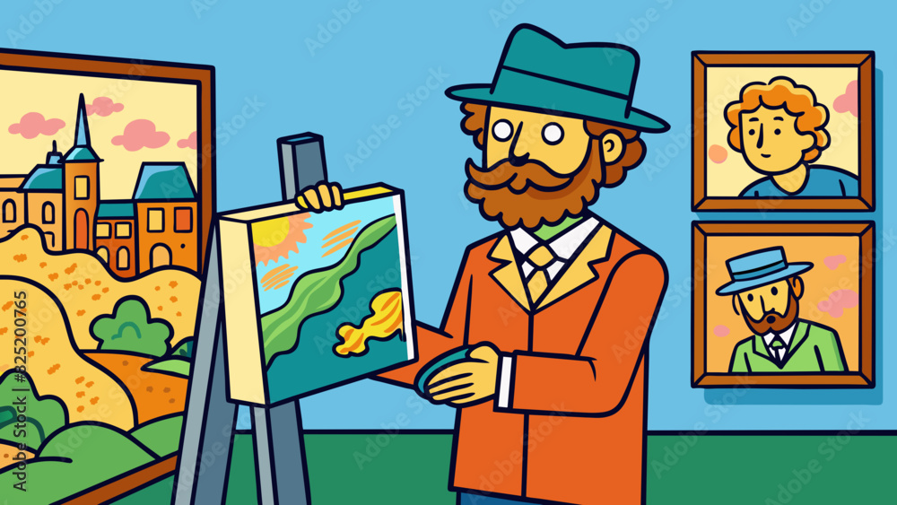Poster an art historian closely studying a painting noting its use of color brushstrokes and overall compos