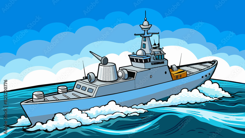 Poster A naval ship slicing through the choppy ocean waters its formidable guns and radar systems ready to defend against any potential threats.. Cartoon Vector.