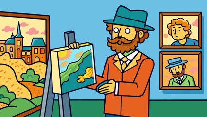 An art historian closely studying a painting noting its use of color brushstrokes and overall composition. The painting appears to be from the. Cartoon Vector.