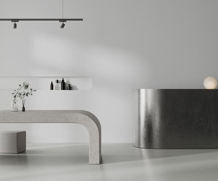 Minimalist interior concept with metal counter and concrete table, 3d 