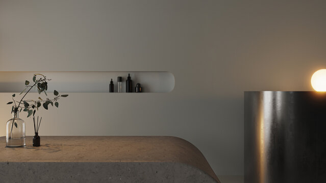 Concrete tabletop in dark room with warm lamp light, 3d render