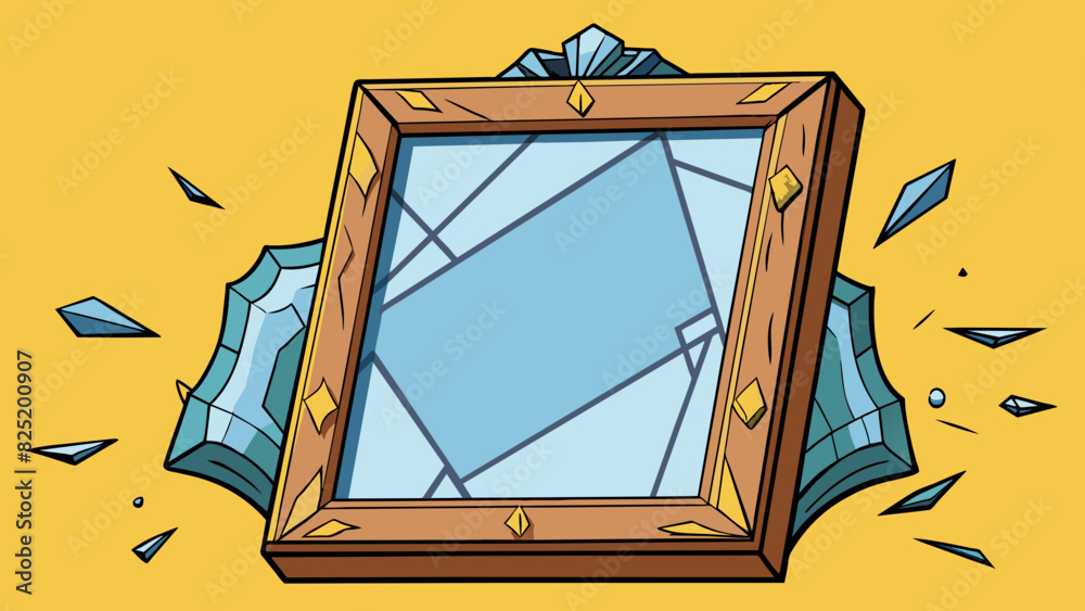 Poster An empty picture frame its glass shattered and its contents missing representing the loss of cherished memories and irreplaceable moments.. Cartoon Vector.