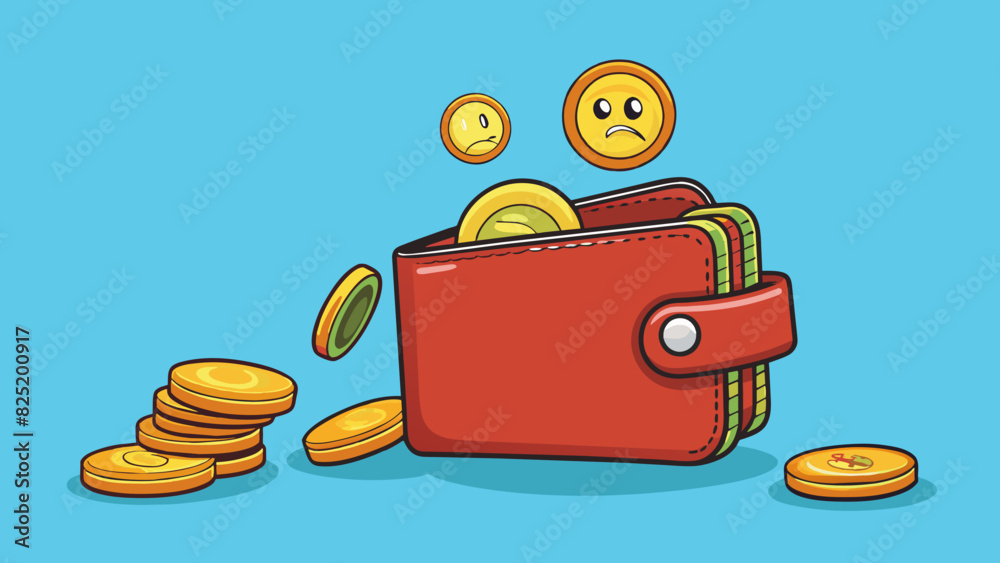 Aufkleber An empty wallet with a few tered coins representing a lack of financial resources and need for budgeting and financial planning.. Cartoon Vector.