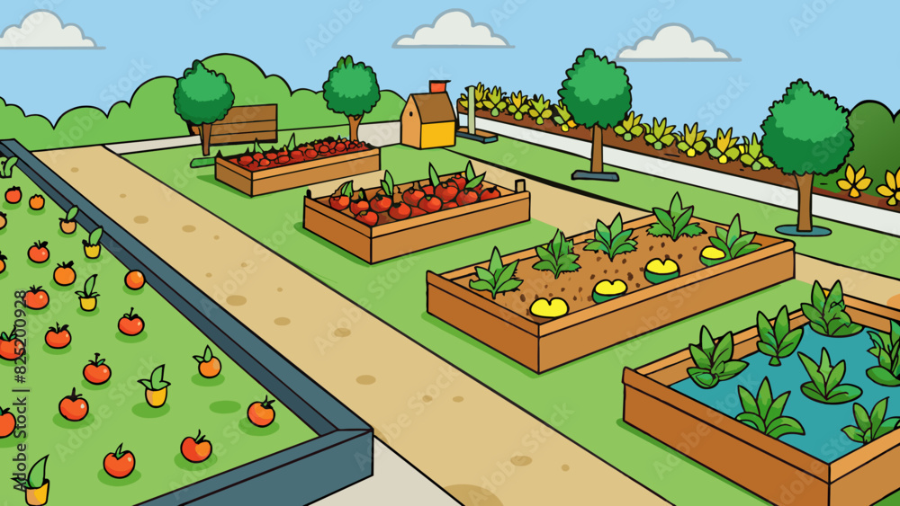 Poster an empty lot that has been converted into a community garden. raised beds filled with a variety of f