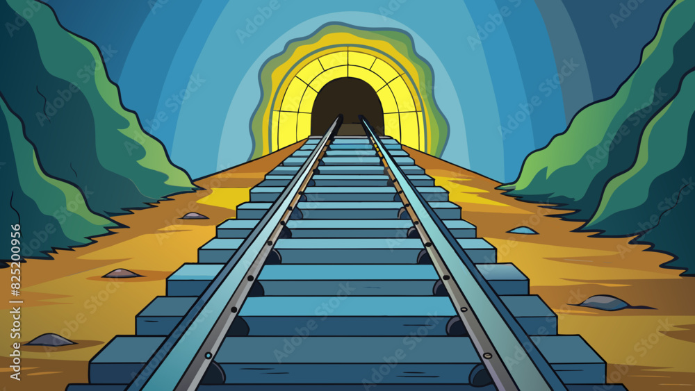 Poster A neverending train track disappearing into a dark tunnel its steel rails glinting in the sunlight.. Cartoon Vector.