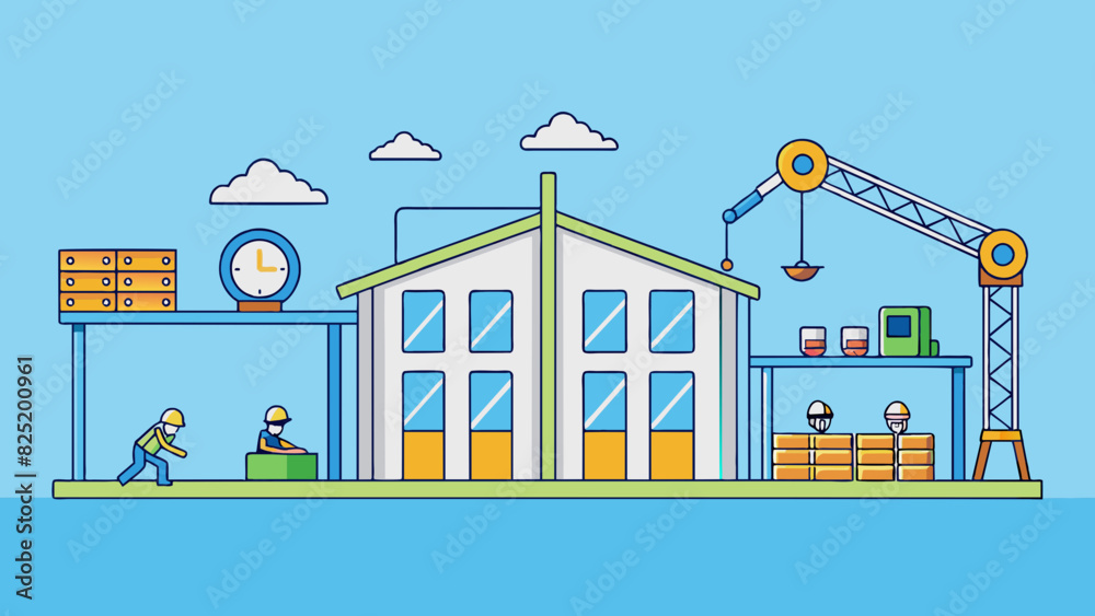 Poster A newly constructed building starting as a simple frame of beams and gradually taking shape with walls windows and other architectural details.. Cartoon Vector.