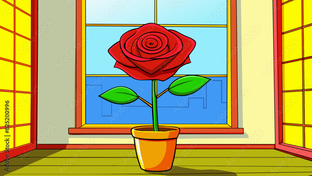 Poster an excerpt describing a painting of a vibrant red rose in a vase on a windowsill. it mentions the vi