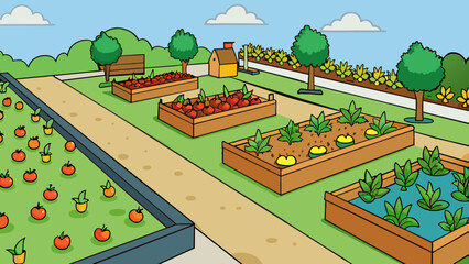 An empty lot that has been converted into a community garden. Raised beds filled with a variety of fruits and vegetables are meticulously cared for. Cartoon Vector.