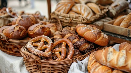 Artisan bakery stall with sourdough loaves, pretzels, and rye bread arranged beautifully in baskets
