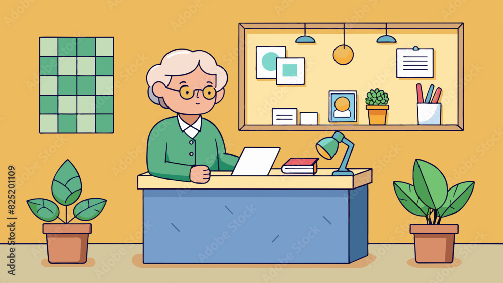 Poster an older secretary opening the mail at a small reception desk. behind her a bulletin board is litter