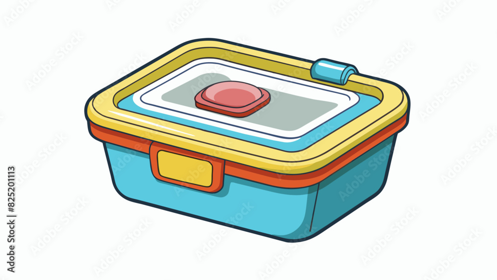 Aufkleber An oblongshaped container made of plastic with a fliptop lid and a builtin handle perfect for storing and transporting snacks or small items.. Cartoon Vector.