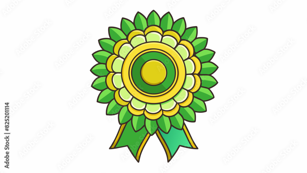 Poster an intricate wreath made of vibrant green and gold ribbons intertwined to form a circular shape. in 