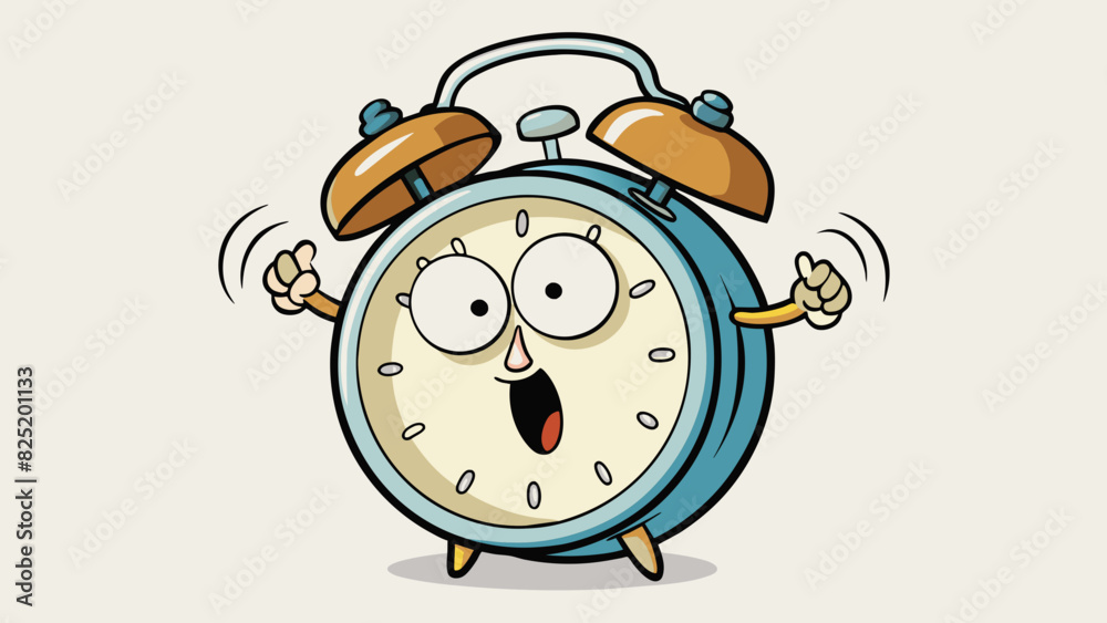 Poster an oldfashioned alarm clock with a round white face and large black numbers its metal bells on top r