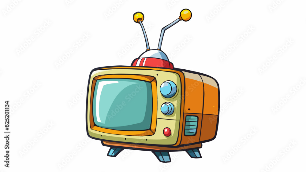 Poster an older television set with a bulky tubelike structure a small screen and a large antenna on top fo