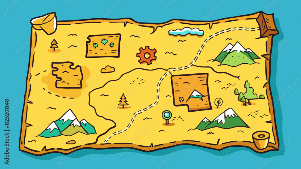 Poster An old map with yellowed edges marked with routes and handwritten notes. This map was used on a backpacking trip and it brings back memories of. Cartoon Vector.