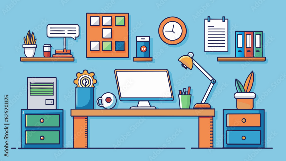 Poster An organized desk The desk was a shining example of efficiency and productivity. Every item had its designated spot neatly arranged in order of. Cartoon Vector.
