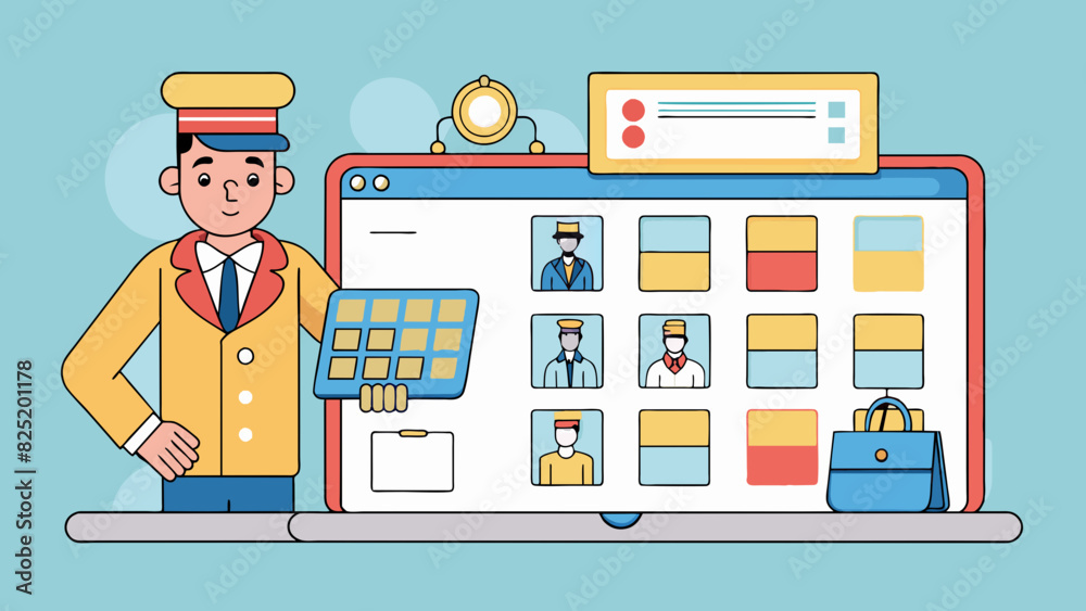 Poster An online booking system for a hotel has a website with a search bar and dropdown menus to select arrival and departure dates and the number of. Cartoon Vector.