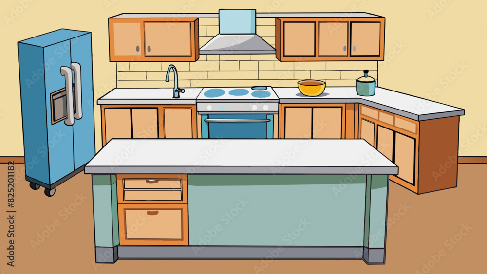 Poster An openconcept kitchen with a large island in the center. The island has a sleek quartz countertop and plenty of storage space with pullout drawers.. Cartoon Vector.