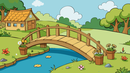 An old wooden bridge spans across a gently flowing river its mosscovered banks teeming with life. A quaint cottage sits by the edge of the water with. Cartoon Vector.