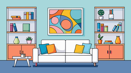 An organized and modern home with sleek white furniture and pops of bright colors from carefully p vases and decorative pillows. The walls are except. Cartoon Vector.
