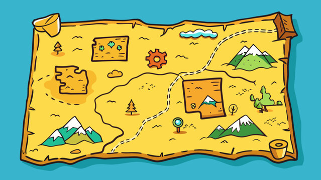An old map with yellowed edges marked with routes and handwritten notes. This map was used on a backpacking trip and it brings back memories of. Cartoon Vector.