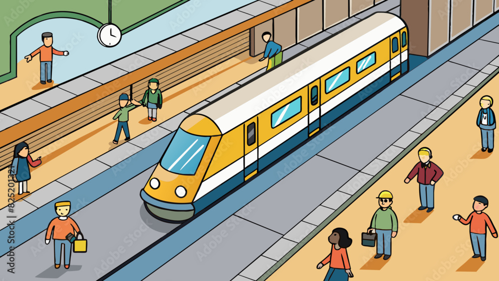 Poster an underground train station with numerous tracks and flashing departure times. people rushing to ca