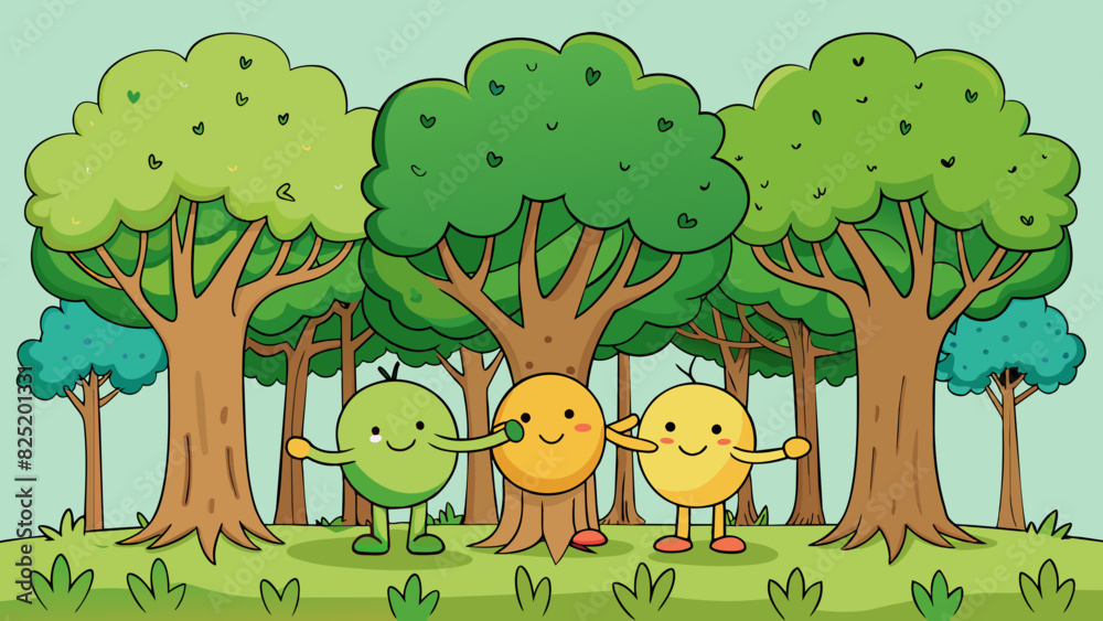 Poster A of trees in a forest growing close together and intertwined. The group of trees provides support for one another and relies on shared resources to. Cartoon Vector.