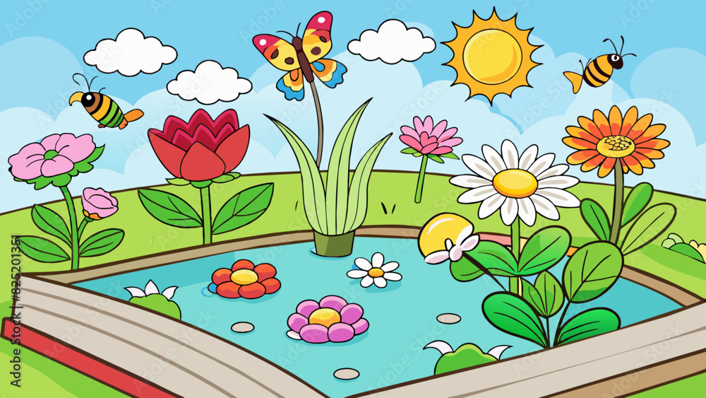 Wall mural A page with a blooming garden The page is a burst of color with a variety of beautiful flowers in full bloom. The garden path winds through different. Cartoon Vector.