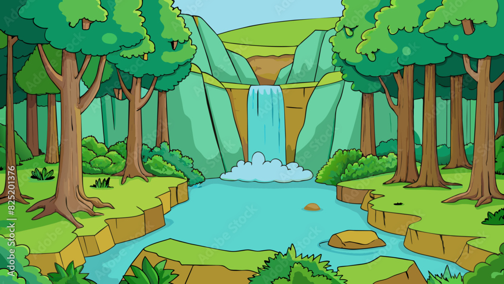 Poster A painting of a lush green forest with a small waterfall cascading down rocks into a crystal clear pool.. Cartoon Vector.