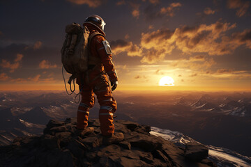 arafed astronaut standing on a rocky outcropping looking at the sun