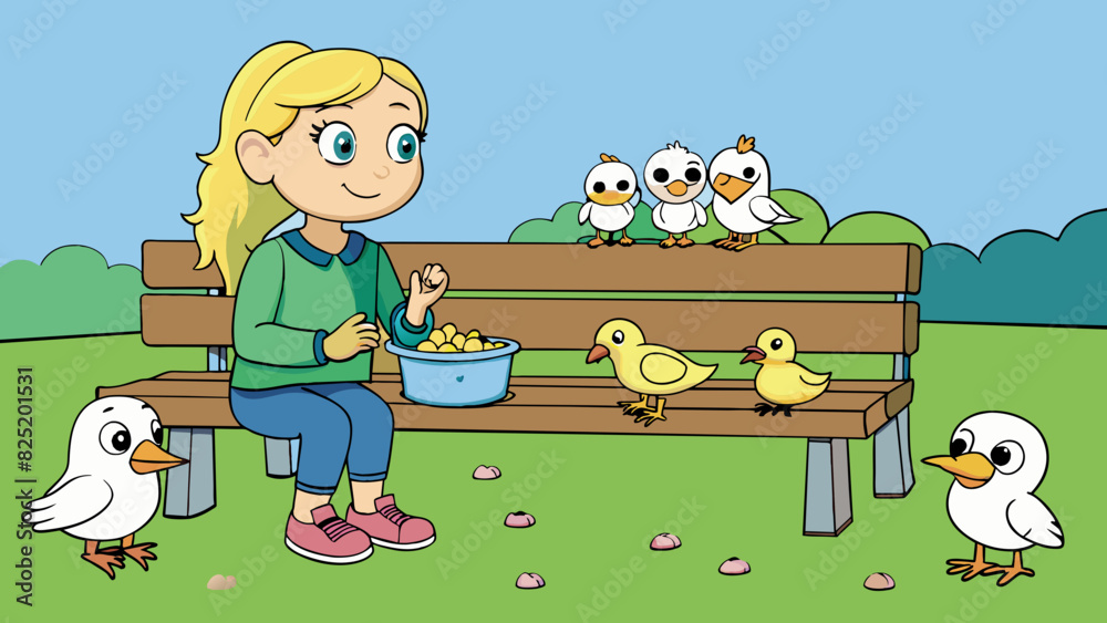 Poster A park bench where a young girl sits quietly feeding breadcrumbs to a group of curious and friendly ducks waddling around her.. Cartoon Vector.