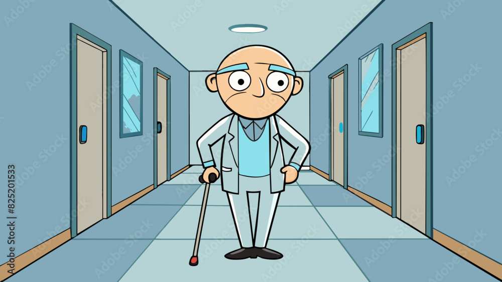 Poster a patient walks slowly down a hallway using a cane for support. they have a slight hunch in their sh