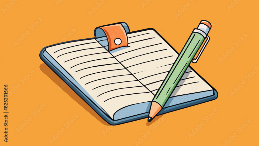 Aufkleber A pen lying next to a notebook its tip uncapped and a few scribbled words visible on the page. This object combination symbolizes the responsibility. Cartoon Vector.