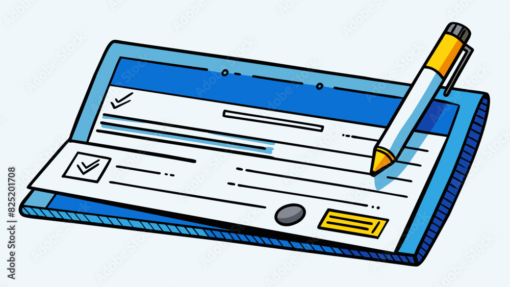 Aufkleber A physical check with perforated edges containing handwritten information such as the date payee and numerical and written amounts. The paper is. Cartoon Vector.