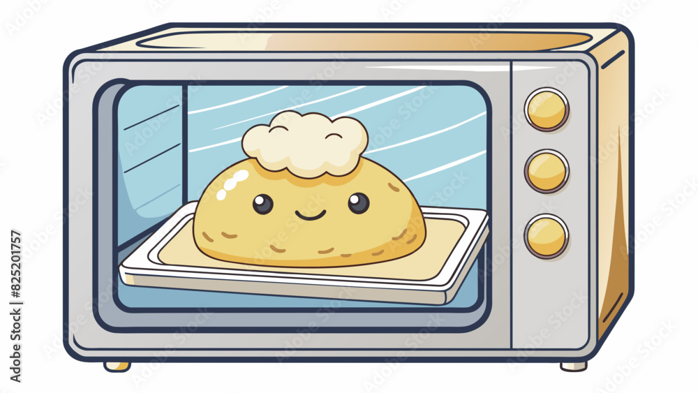 Poster A piece of dough rises in the warm oven doubling in size as yeast works its magic causing tiny air bubbles to form and expand. The once flat lifeless. Cartoon Vector.
