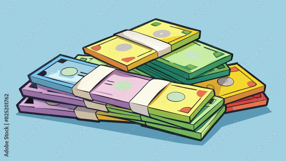 Poster A pile of cled banknotes of different denominations tered on a table or held in a secure bundle. They are lightweight and relatively durable made from. Cartoon Vector.