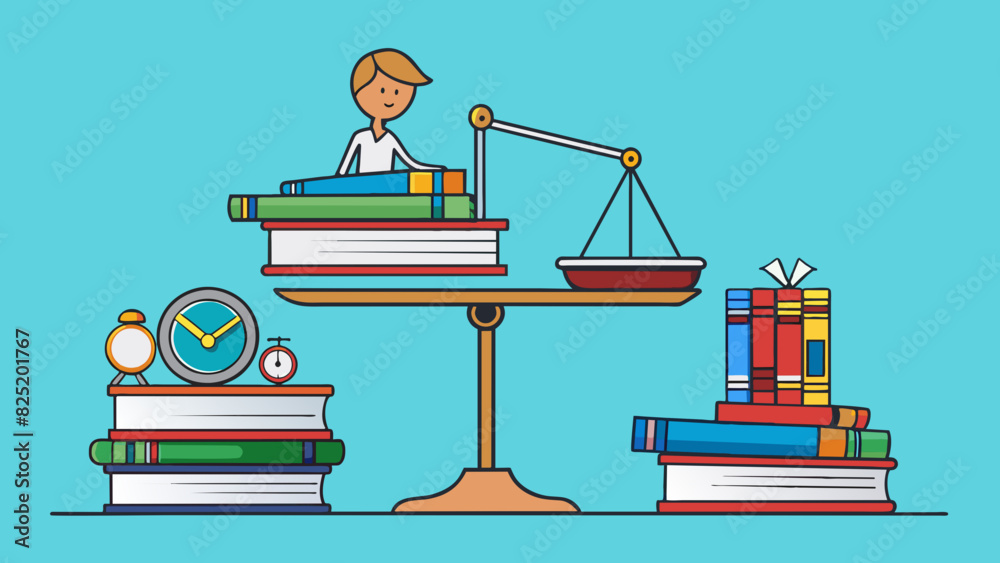 Poster A pile of textbooks towering on a students desk the weight of each one adding up to a significant amount.. Cartoon Vector.