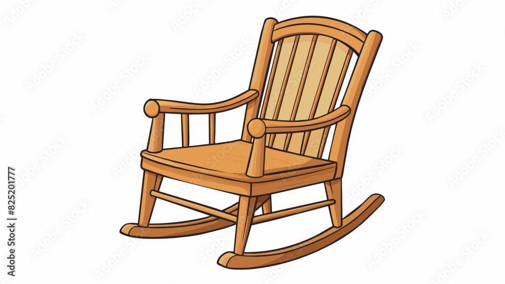 Wall mural A piece of text describing a wooden rocking chair with curved arms and a woven cushioned seat. It mentions the sy solid wood frame and the comfortable. Cartoon Vector.