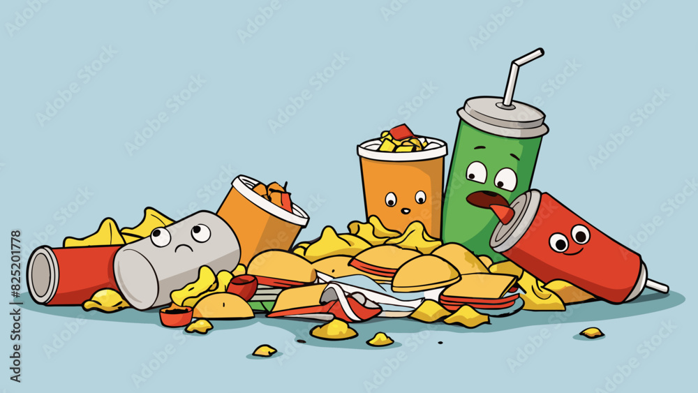 Poster a pile of greasy fast food wrappers and empty soda cans tossed carelessly on the ground. a depiction