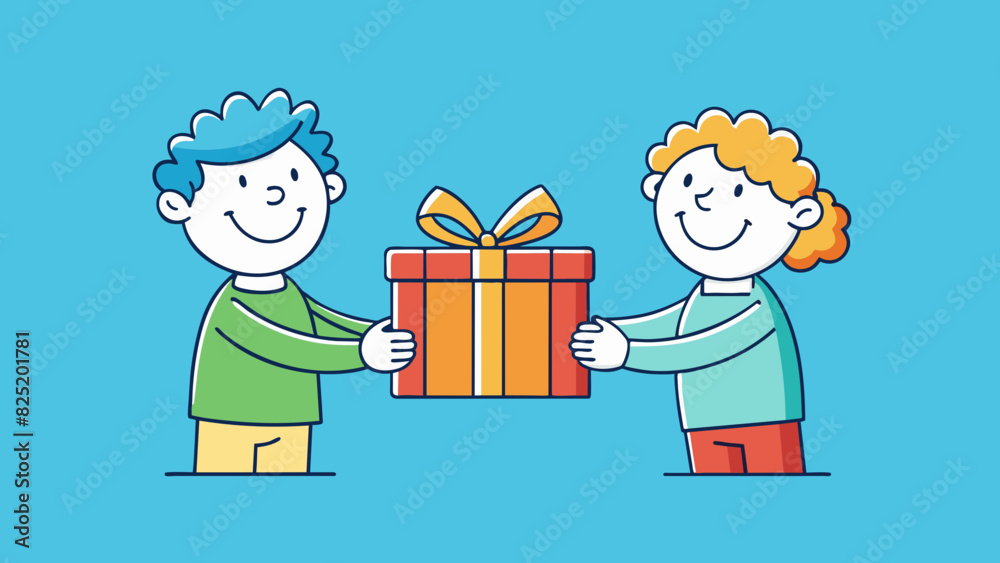 Poster a picture of a person handing a gift to another person with a smile on their face. this illustrates 