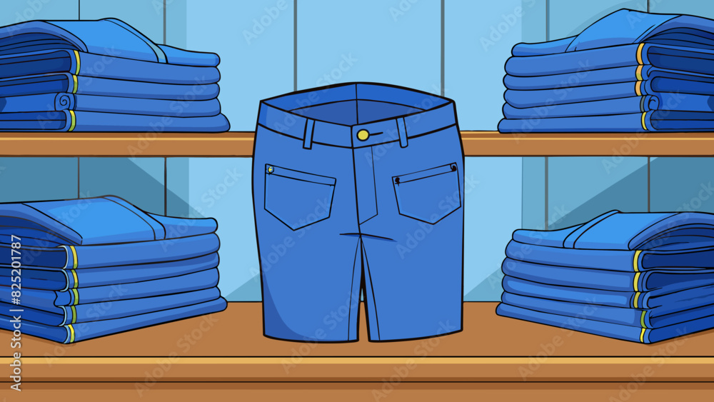 Poster a pile of neatly folded blue jeans displayed on a store shelf. the jeans have a dark wash several po