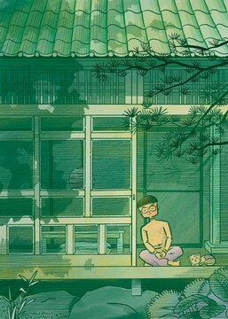 Asian man and his cat relaxing in front of a quiet Japanese garden