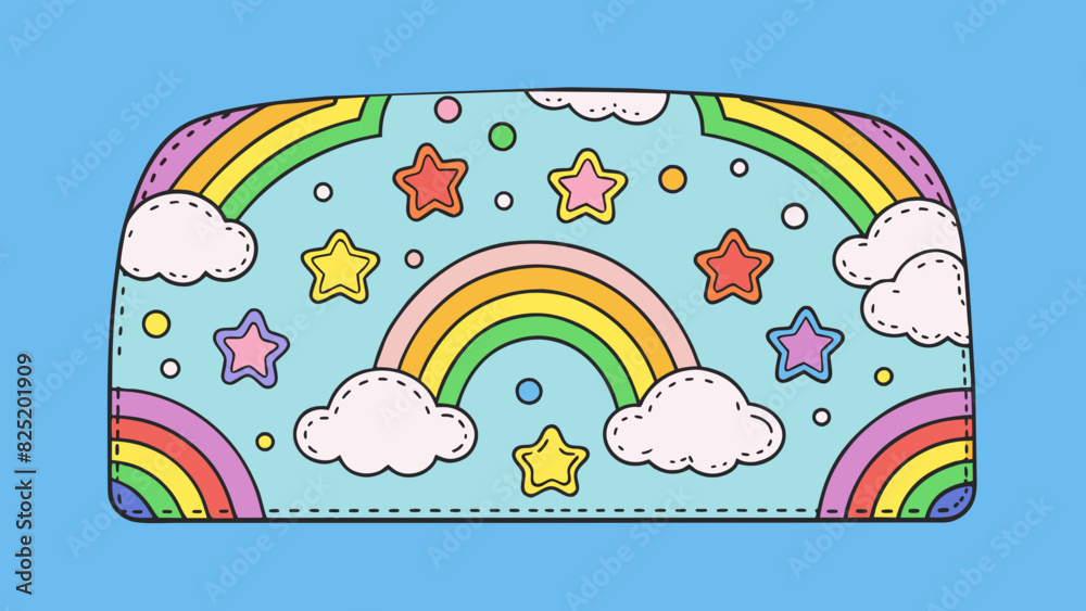 Poster A playful and whimsical cover crafted out of multicolored patches of fabric and adorned with puffy clouds rainbows and glittery stars.. Cartoon Vector.