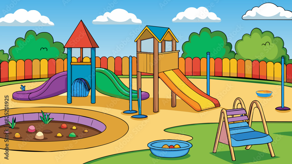Poster A playground with colorful play equipment and rubber mulch ground cover surrounded by a fence adorned with colorful artwork created by students.. Cartoon Vector.