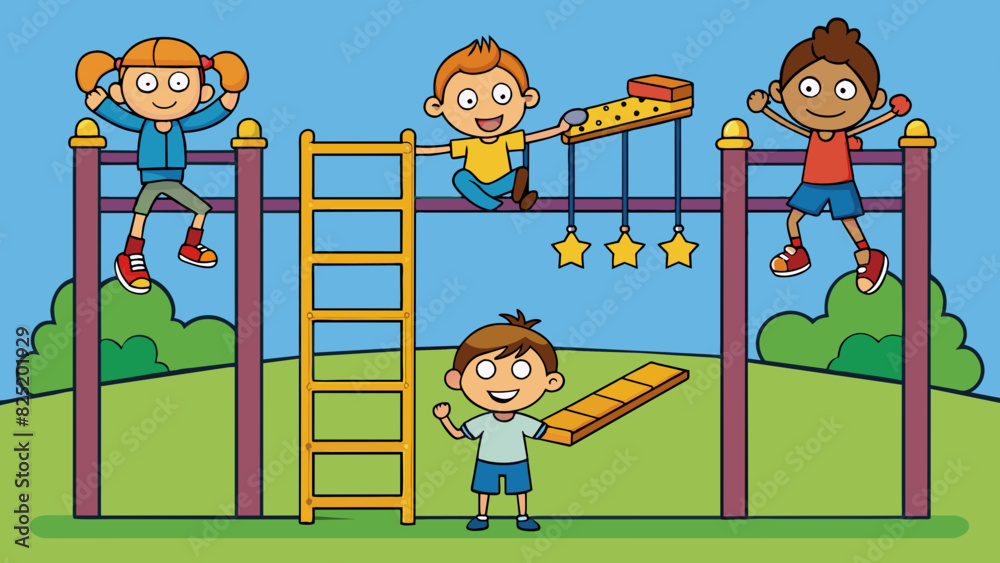 Poster A playground filled with children playing on the monkey bars. Each child is trying to complete the obstacle course in the fastest time and with the. Cartoon Vector.