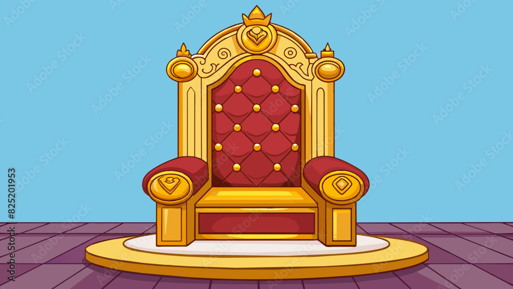 Poster A plush velvet throne adorned with intricate golden patterns and a high backrest situated on a raised dais in the center of a regal throne room. Cartoon Vector.