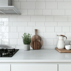 there is a white kitchen counter with a cutting board and a potted plant