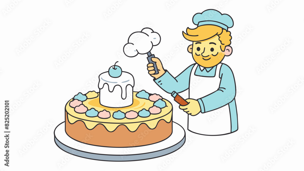 Poster applying icing on a cake the icing is a fluffy sugary mixture that is typically white or a pastel co