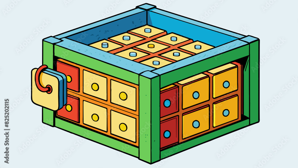 Poster A puzzle box with various compartments that fit snugly together to keep the contents secure.. Cartoon Vector.