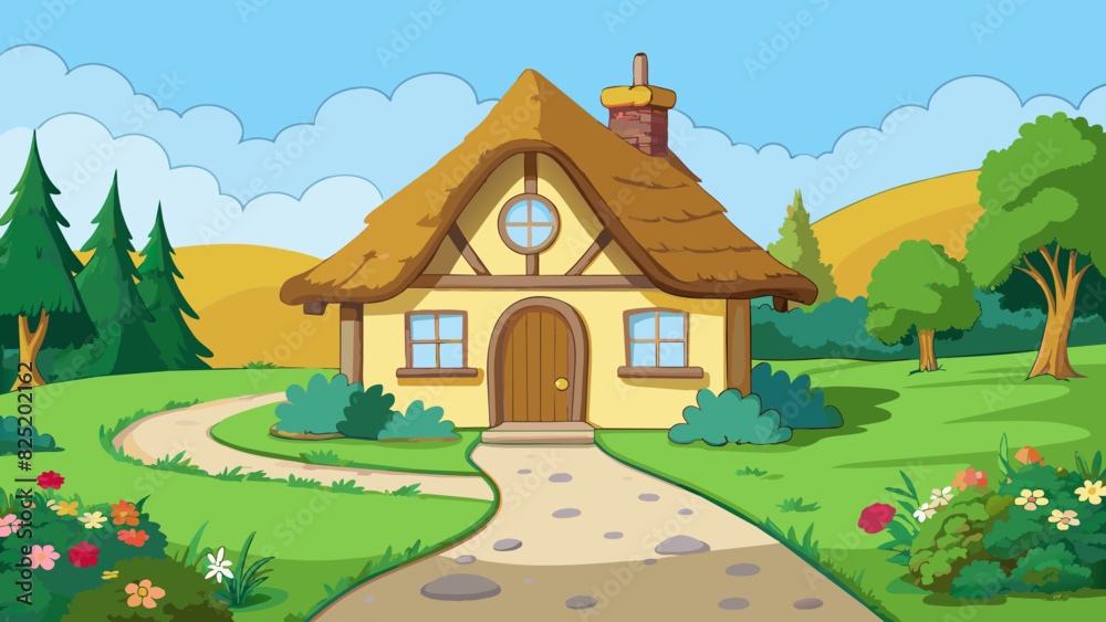 Poster a quaint countryside cottage with a thatched roof surrounded by a lush garden blooming with delicate